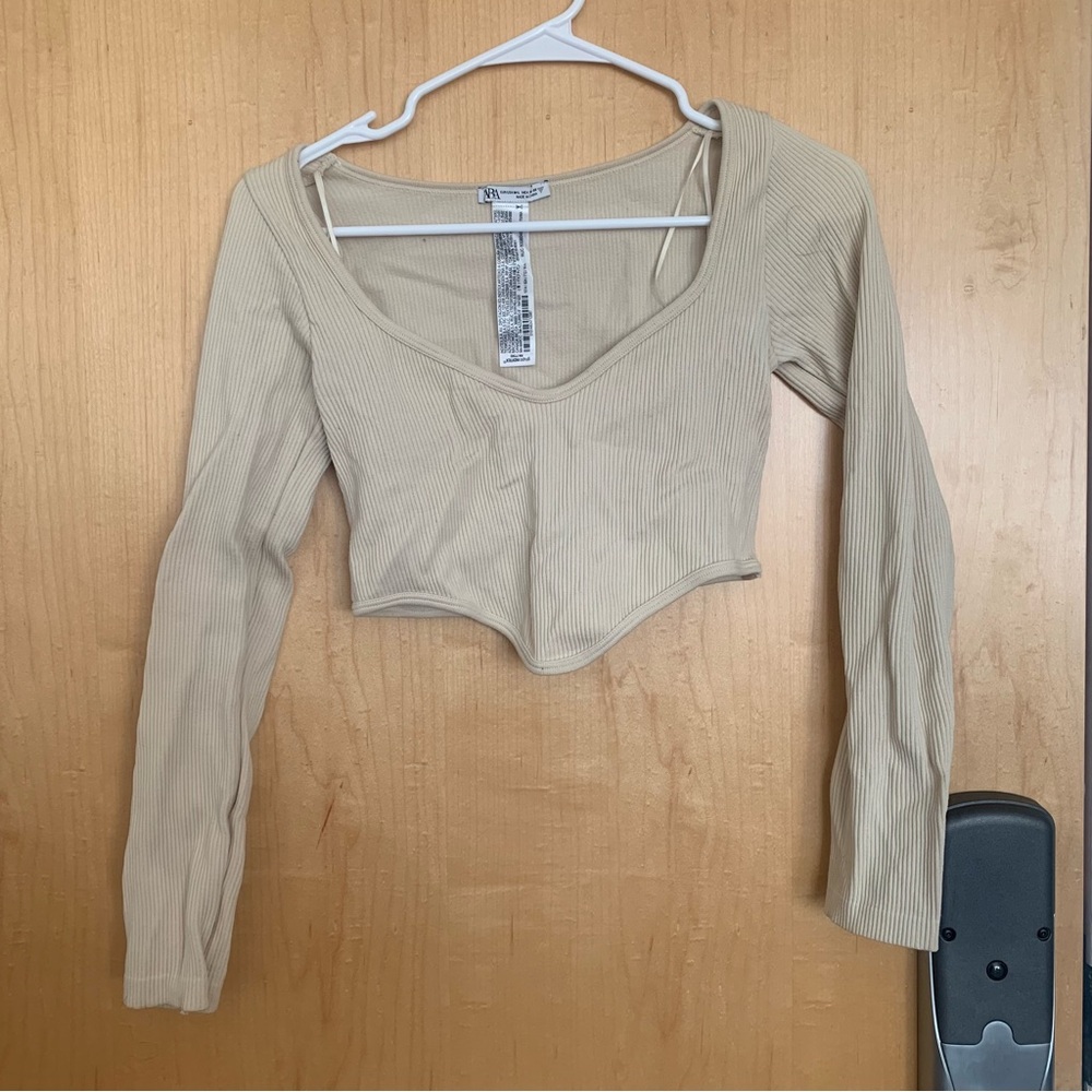 Zara Tan Beige Ribbed Corset Crop Top Long Sleeve Womens Size Medium Large